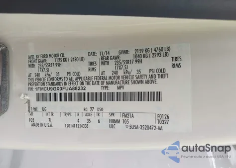 2015 Ford Escape Se z USA, uszkodzony, nr VIN 1FMCU9GX0FUA88232